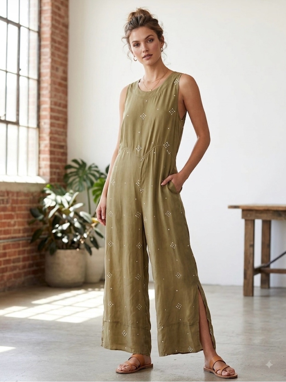 SANCIA Sleeveless Olive Wide-Leg Embroidered Jumpsuit with Side Slits